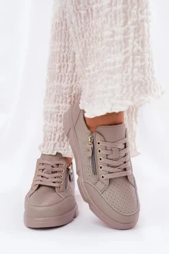 Buty damskie Vinceza Sneakersy Damskie*Skórzane Buty Sportowe Sneakersy Na Platformie Z Zamkiem Vinceza 88019 Ciemnobeżowe