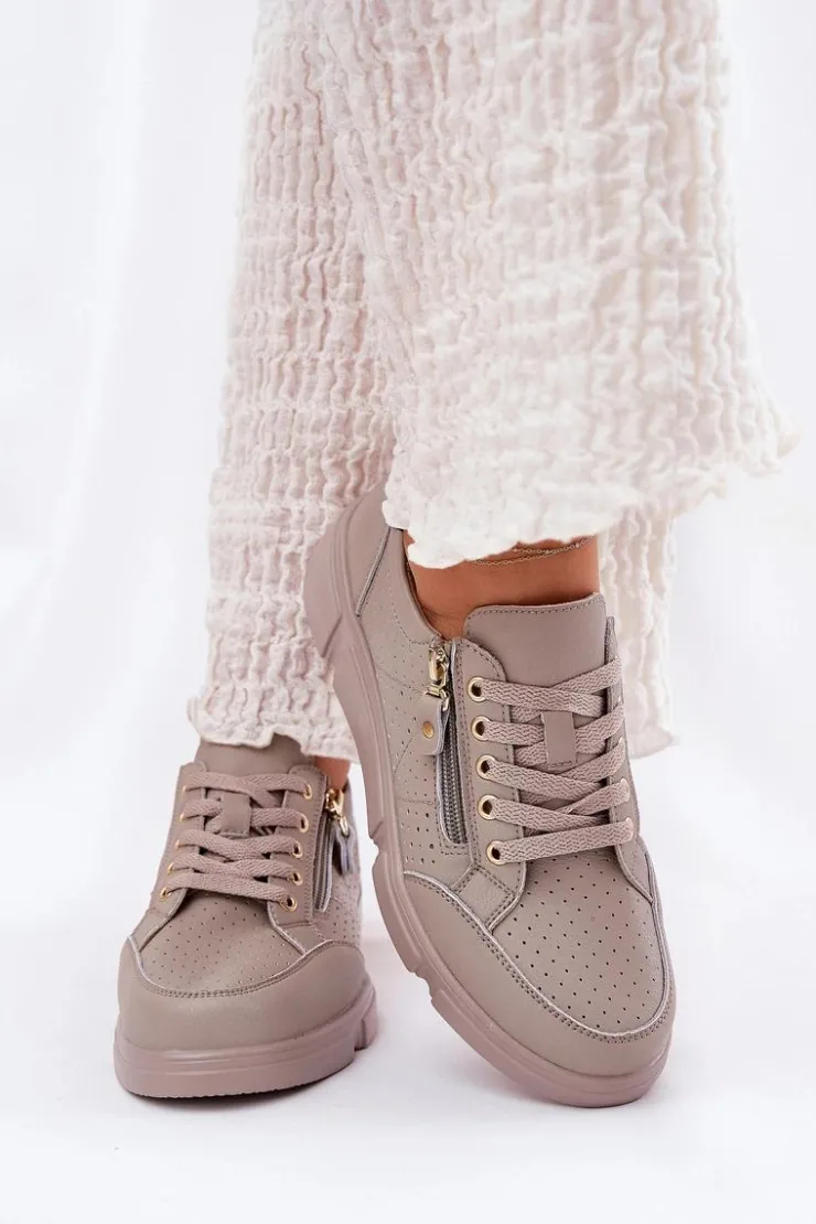 Buty damskie Vinceza Sneakersy Damskie*Skórzane Buty Sportowe Sneakersy Na Platformie Z Zamkiem Vinceza 88019 Ciemnobeżowe