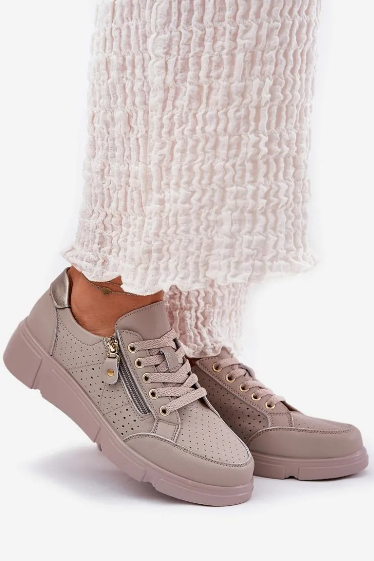 Buty damskie Vinceza Sneakersy Damskie*Skórzane Buty Sportowe Sneakersy Na Platformie Z Zamkiem Vinceza 88019 Ciemnobeżowe