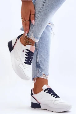 Boto Buty Sportowe Na Platformie|Sneakersy Damskie*Skórzane Buty Sportowe Sznurowane Na Platformie Biało-Granatowe Merida