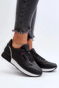 Damskie Boto Skórzane Buty Sportowe Sznurowane Na Platformie Czarne Merida