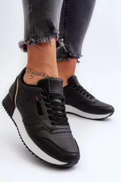 Damskie Boto Skórzane Buty Sportowe Sznurowane Na Platformie Czarne Merida
