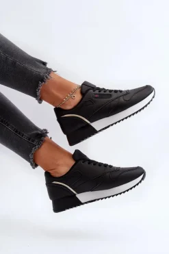 Damskie Boto Skórzane Buty Sportowe Sznurowane Na Platformie Czarne Merida