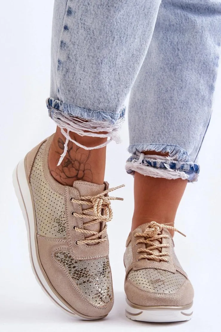 Damskie buty S.Barski Buty Sportowe Na Platformie|Sneakersy Damskie*Skórzane Buty Sportowe Z Perforacją S.Barski AL22246 Złote