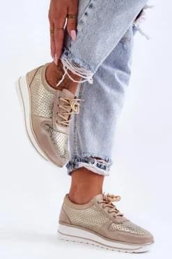 Damskie buty S.Barski Buty Sportowe Na Platformie|Sneakersy Damskie*Skórzane Buty Sportowe Z Perforacją S.Barski AL22246 Złote