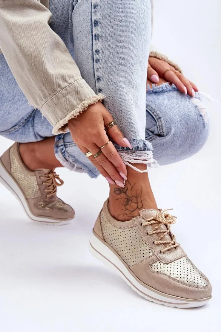 Damskie buty S.Barski Buty Sportowe Na Platformie|Sneakersy Damskie*Skórzane Buty Sportowe Z Perforacją S.Barski AL22246 Złote