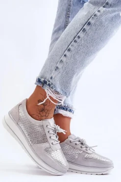 Damskie Damskie buty S.Barski Skórzane Buty Sportowe Z Perforacją S.Barski AL22246 Srebrne