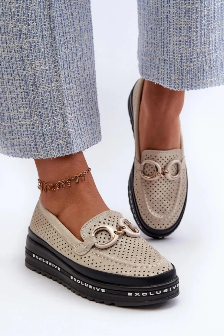 Damskie buty S.Barski Skórzane Błyszczące Mokasyny Damskie Na Platformie Z Ozdobą S.Barski LR750 Złote Złoty