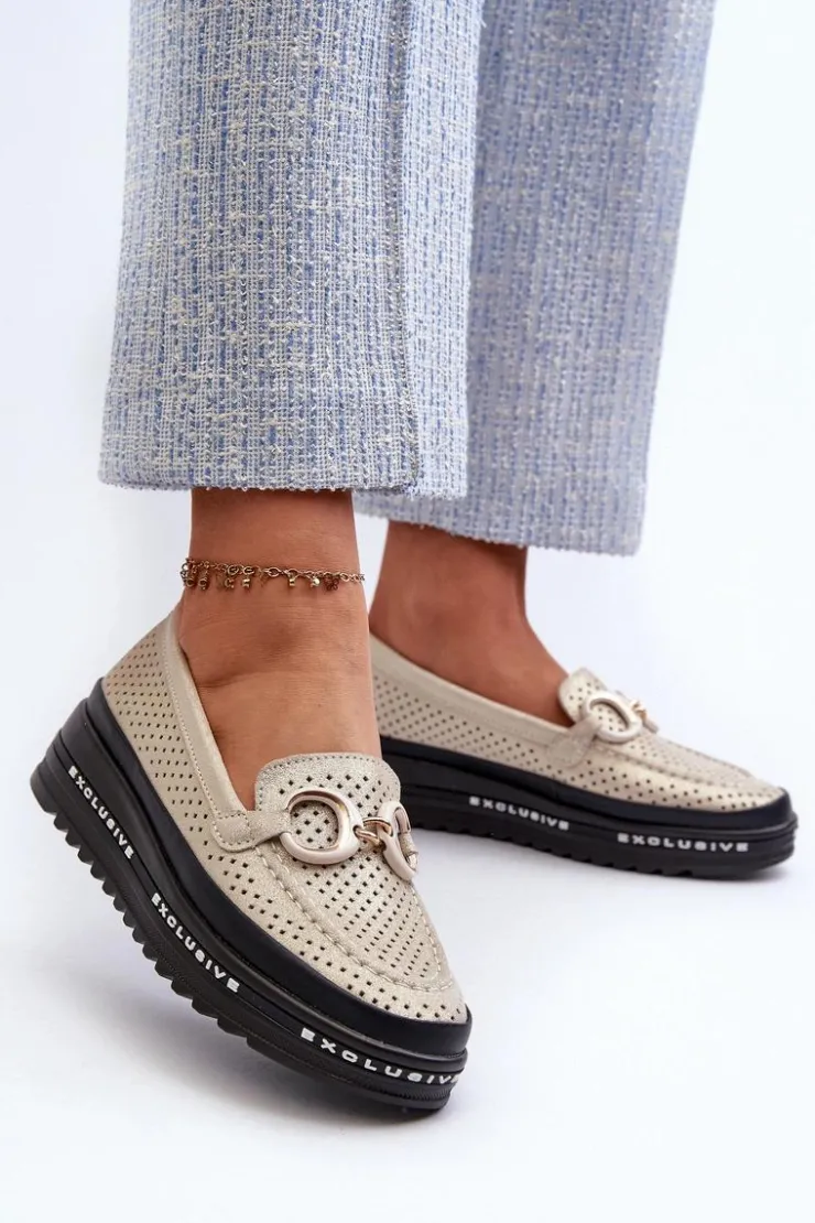 Damskie buty S.Barski Skórzane Błyszczące Mokasyny Damskie Na Platformie Z Ozdobą S.Barski LR750 Złote Złoty