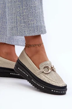 Damskie buty S.Barski Skórzane Błyszczące Mokasyny Damskie Na Platformie Z Ozdobą S.Barski LR750 Złote Złoty