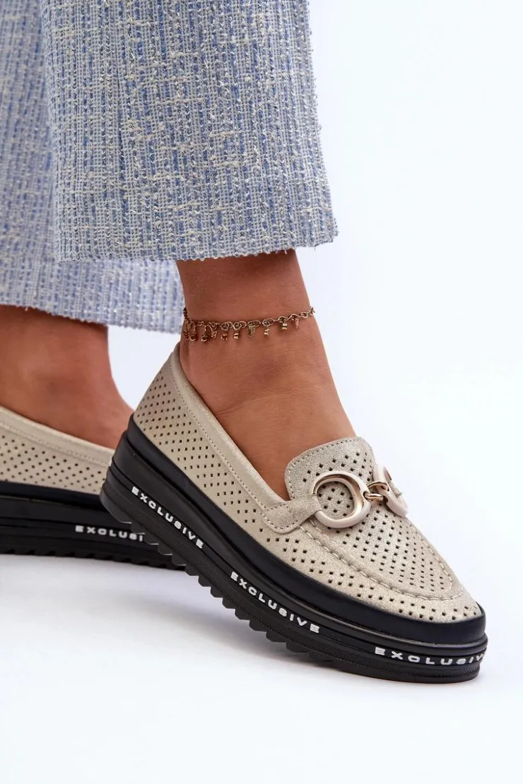 Damskie buty S.Barski Skórzane Błyszczące Mokasyny Damskie Na Platformie Z Ozdobą S.Barski LR750 Złote Złoty