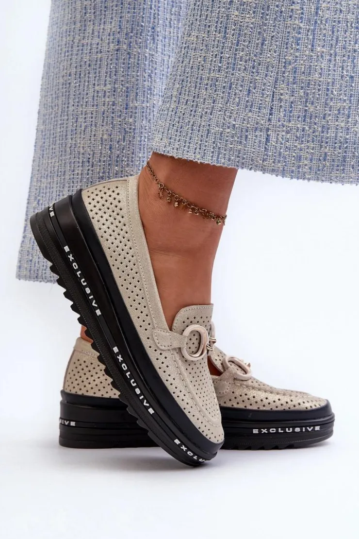 Damskie buty S.Barski Skórzane Błyszczące Mokasyny Damskie Na Platformie Z Ozdobą S.Barski LR750 Złote Złoty