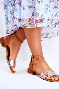 Damskie Maciejka Skórzane Błyszczące Sandały 04618-29 Rude