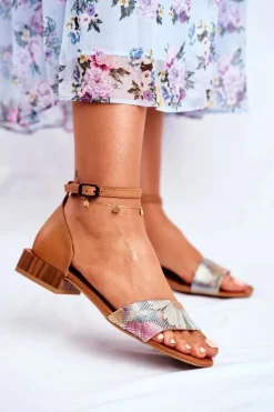 Damskie Maciejka Skórzane Błyszczące Sandały 04618-29 Rude