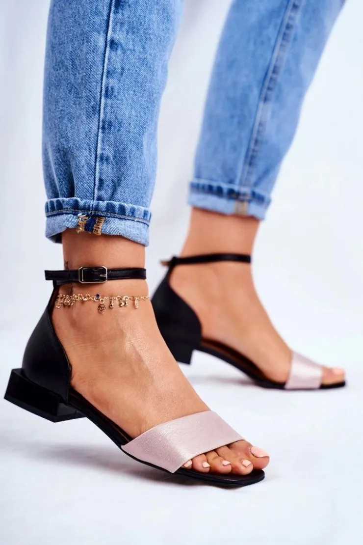 Outlet Maciejka Skórzane Błyszczące Sandały 04618-21 Czarno-Różowe