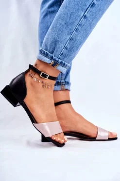 Outlet Maciejka Skórzane Błyszczące Sandały 04618-21 Czarno-Różowe