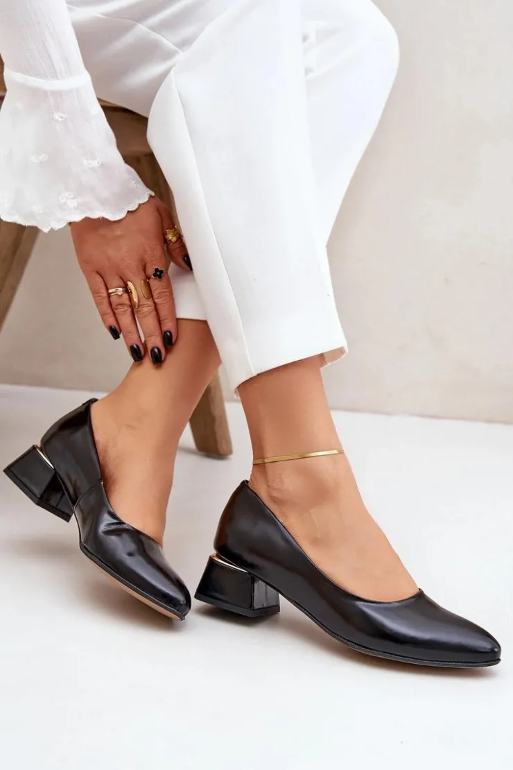 Boto Czółenka Na Słupku*Skórzane Czółenka Lewski 3118 Czarne Czarny