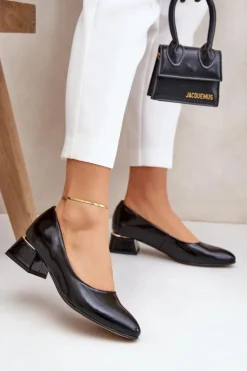 Boto Czółenka Na Słupku*Skórzane Czółenka Lewski 3118 Czarne Czarny