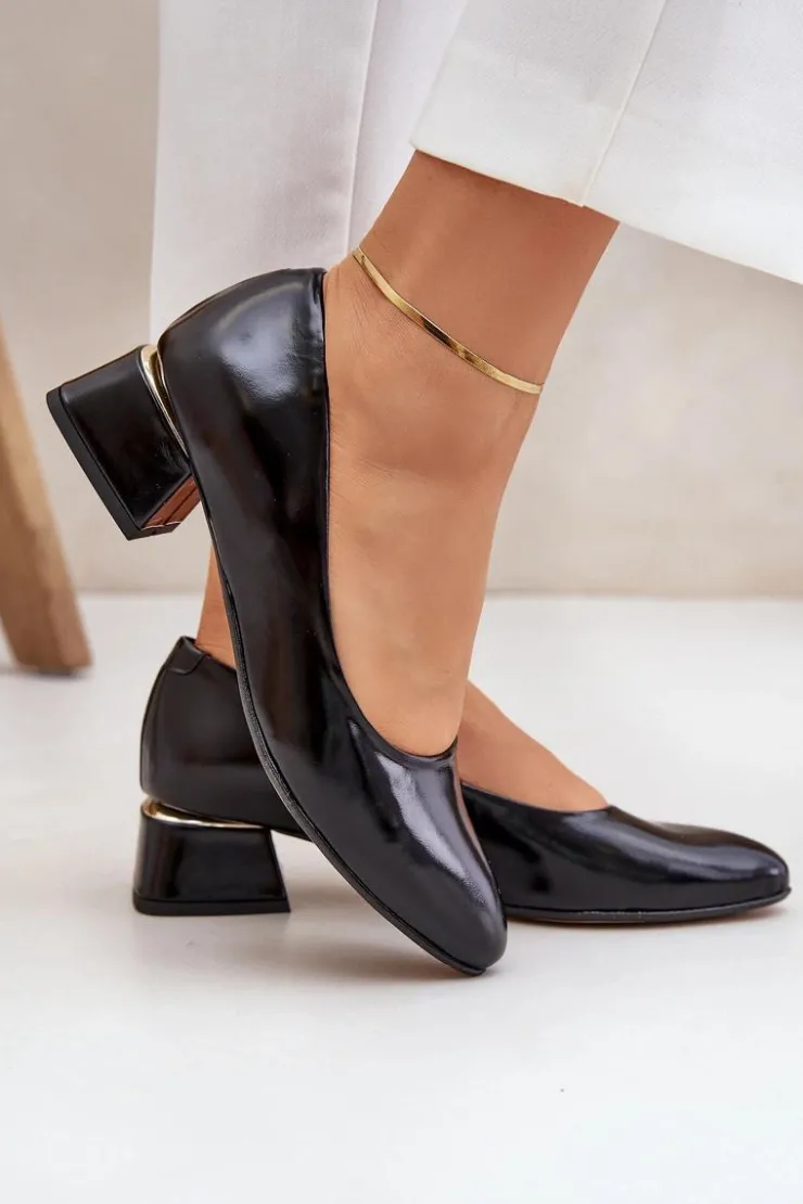 Boto Czółenka Na Słupku*Skórzane Czółenka Lewski 3118 Czarne Czarny