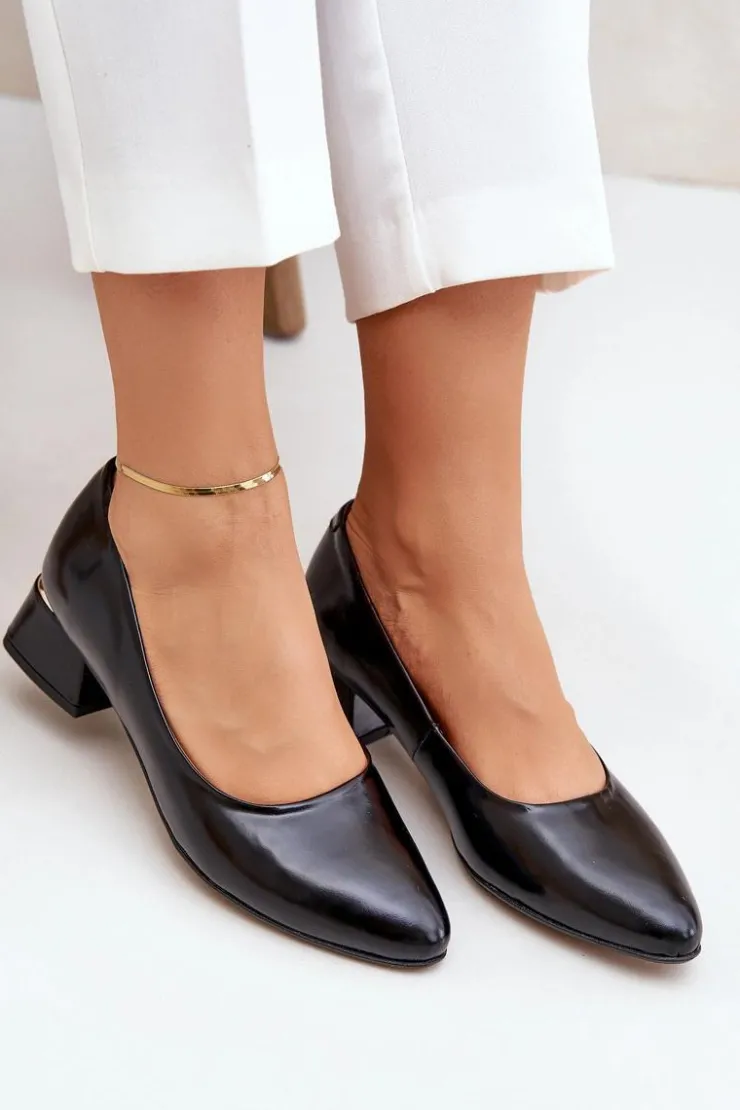 Boto Czółenka Na Słupku*Skórzane Czółenka Lewski 3118 Czarne Czarny