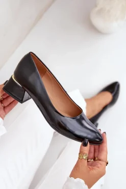 Boto Czółenka Na Słupku*Skórzane Czółenka Lewski 3118 Czarne Czarny