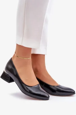 Boto Czółenka Na Słupku*Skórzane Czółenka Lewski 3118 Czarne Czarny