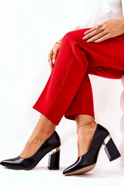 Boto Czółenka Na Słupku*Skórzane Czółenka Lewski 3117 Czarne Czarny