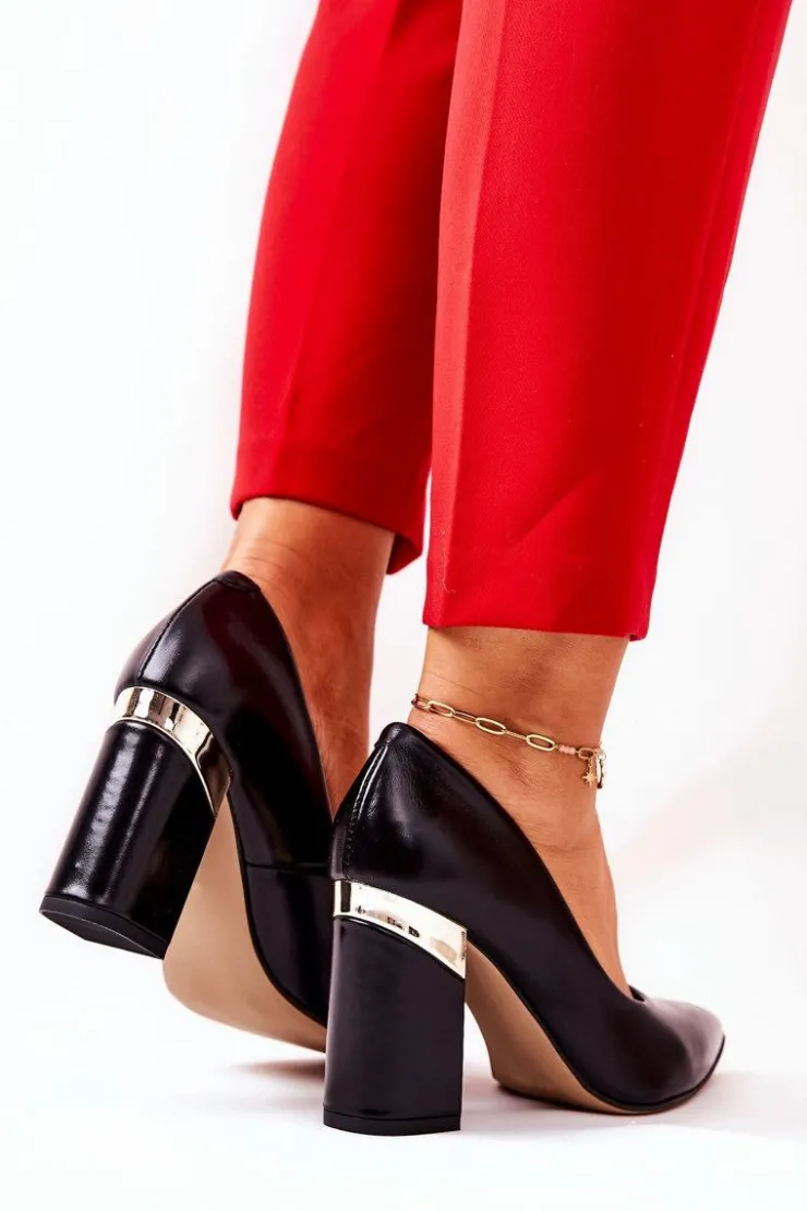 Boto Czółenka Na Słupku*Skórzane Czółenka Lewski 3117 Czarne Czarny