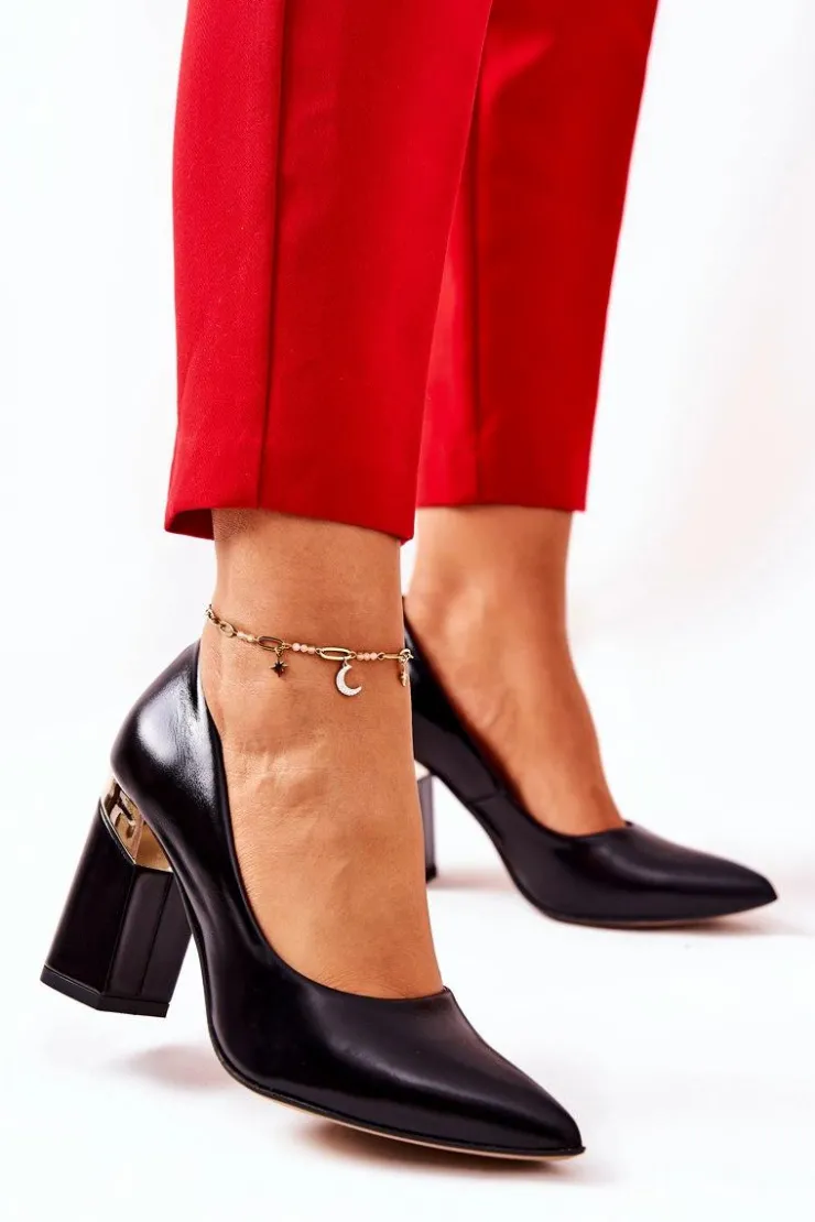 Boto Czółenka Na Słupku*Skórzane Czółenka Lewski 3117 Czarne Czarny