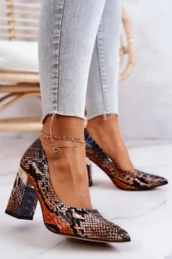 Damskie Boto Skórzane Czółenka Lewski Wężowe 3117 Pomarańczowo-Brązowe