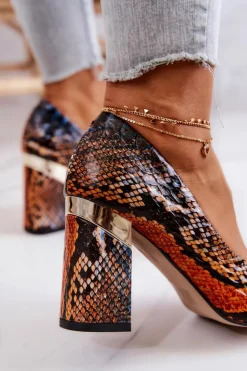 Damskie Boto Skórzane Czółenka Lewski Wężowe 3117 Pomarańczowo-Brązowe