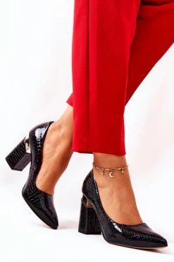 Damskie Boto Skórzane Czółenka Lewski Wężowe 3117 Czarne