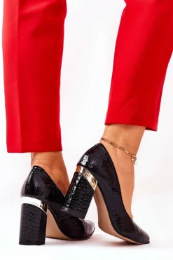 Damskie Boto Skórzane Czółenka Lewski Wężowe 3117 Czarne