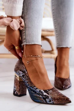 Outlet Boto Skórzane Czółenka Lewski Wężowe 3117 Brązowo-Niebieskie