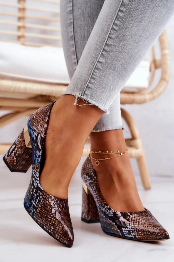 Outlet Boto Skórzane Czółenka Lewski Wężowe 3117 Brązowo-Niebieskie