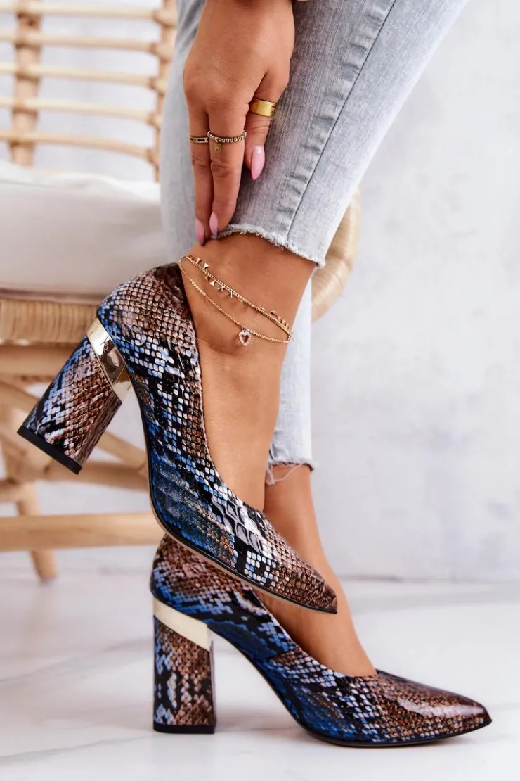 Outlet Boto Skórzane Czółenka Lewski Wężowe 3117 Brązowo-Niebieskie