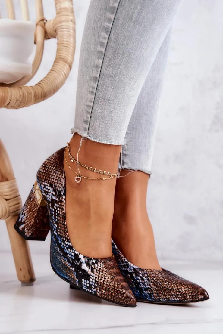 Outlet Boto Skórzane Czółenka Lewski Wężowe 3117 Brązowo-Niebieskie
