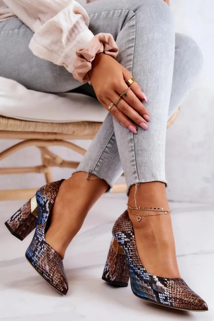 Outlet Boto Skórzane Czółenka Lewski Wężowe 3117 Brązowo-Niebieskie