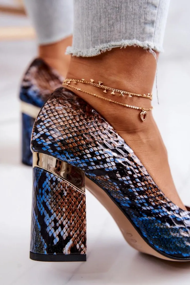Outlet Boto Skórzane Czółenka Lewski Wężowe 3117 Brązowo-Niebieskie