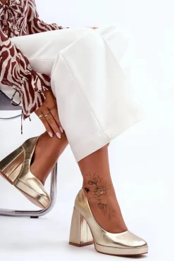 Best Boto Skórzane Czółenka Na Masywnym Obcasie Złote Rosalia