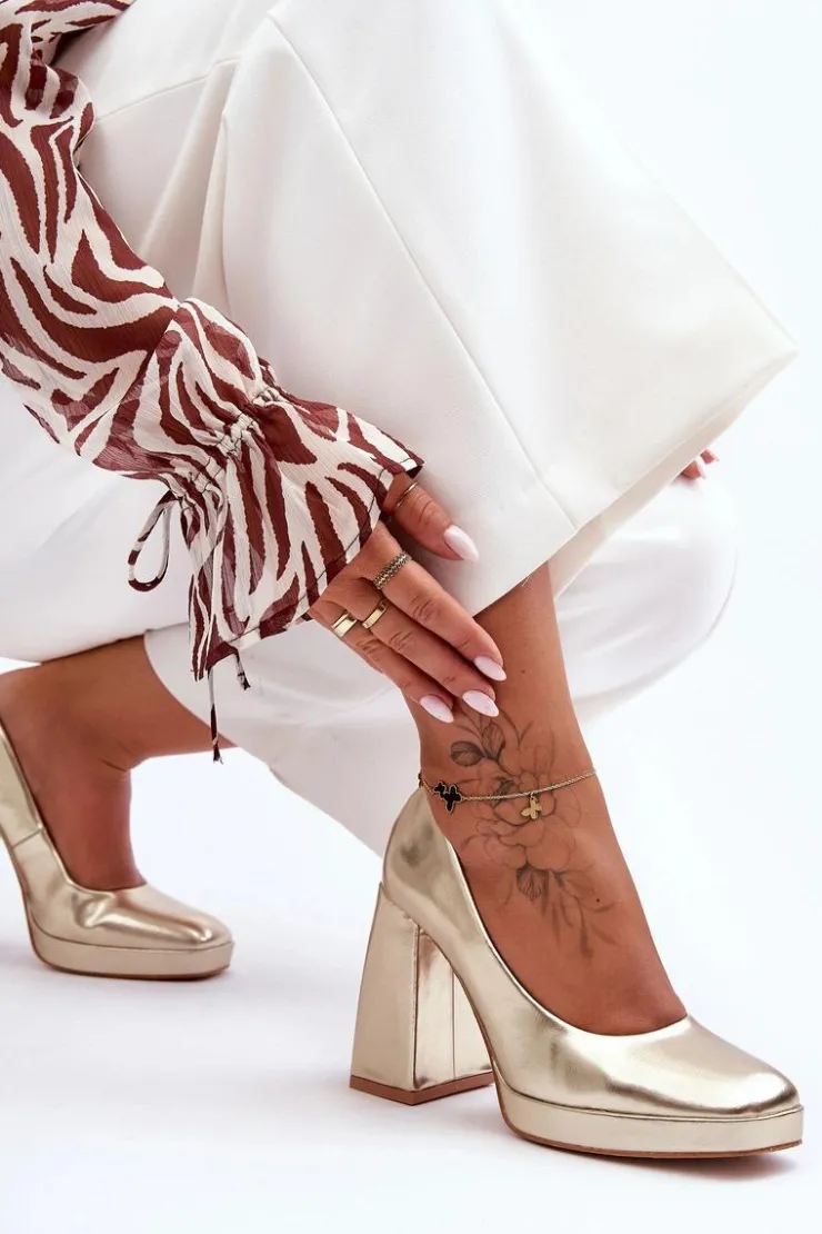 Best Boto Skórzane Czółenka Na Masywnym Obcasie Złote Rosalia