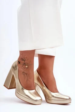Best Boto Skórzane Czółenka Na Masywnym Obcasie Złote Rosalia