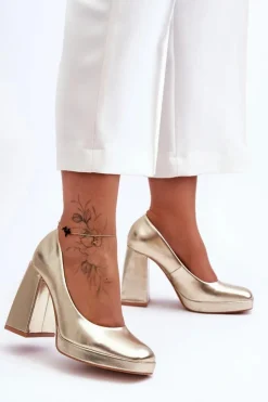 Best Boto Skórzane Czółenka Na Masywnym Obcasie Złote Rosalia