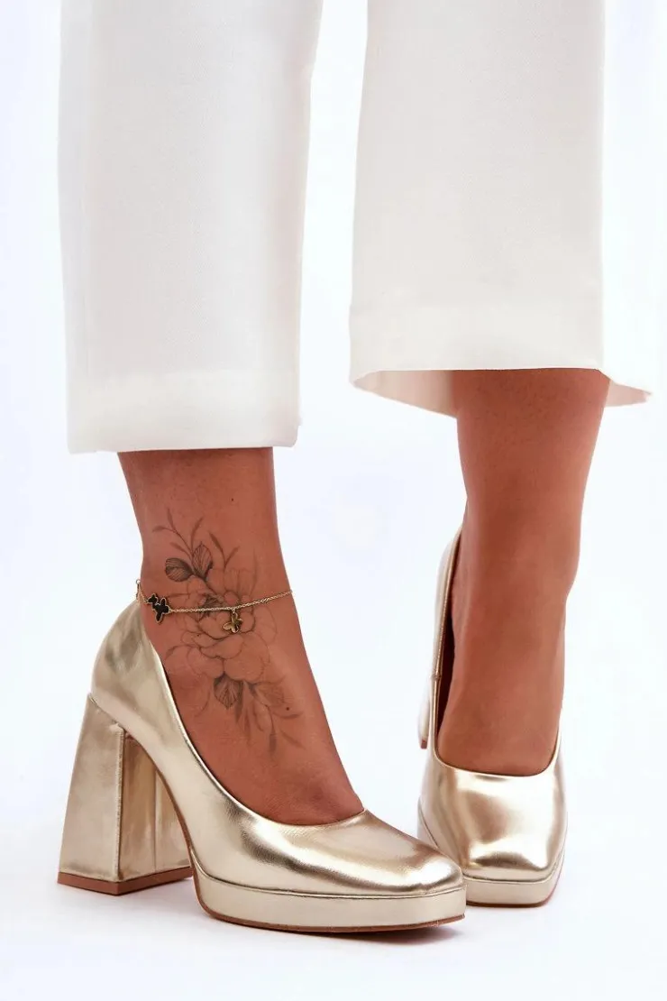 Best Boto Skórzane Czółenka Na Masywnym Obcasie Złote Rosalia