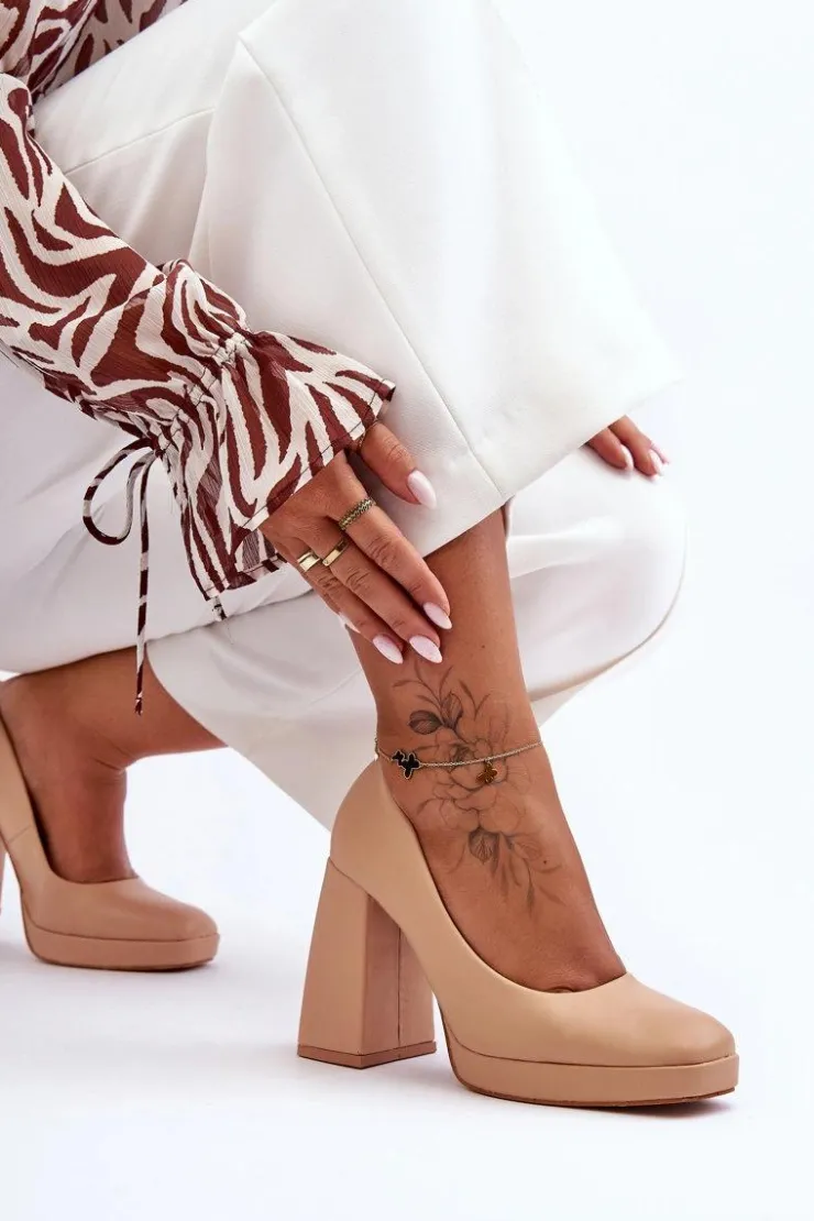 Boto Czółenka Na Platformie|Czółenka Na Słupku*Skórzane Czółenka Na Masywnym Obcasie Nude Rosalia