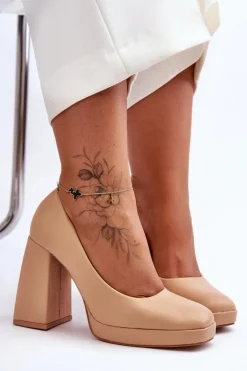 Boto Czółenka Na Platformie|Czółenka Na Słupku*Skórzane Czółenka Na Masywnym Obcasie Nude Rosalia