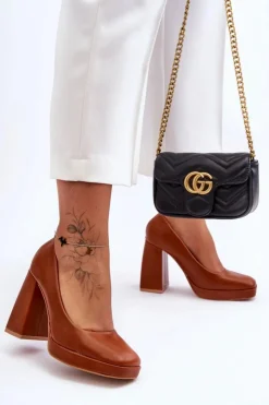 Damskie Boto Skórzane Czółenka Na Masywnym Obcasie Camel Rosalia