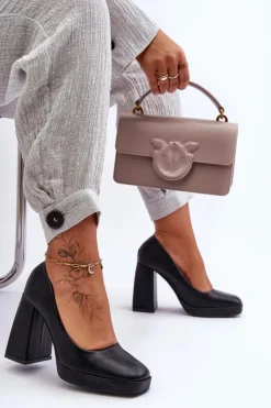 Boto Czółenka Na Platformie|Czółenka Na Słupku*Skórzane Czółenka Na Masywnym Obcasie Czarne Rosalia