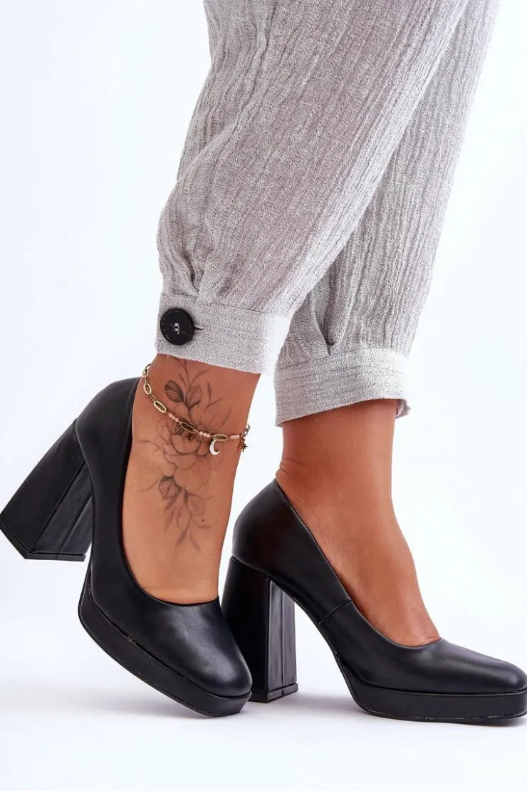 Boto Czółenka Na Platformie|Czółenka Na Słupku*Skórzane Czółenka Na Masywnym Obcasie Czarne Rosalia