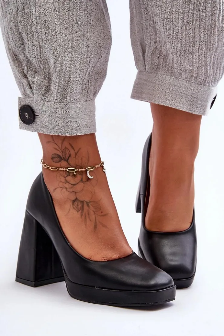 Boto Czółenka Na Platformie|Czółenka Na Słupku*Skórzane Czółenka Na Masywnym Obcasie Czarne Rosalia